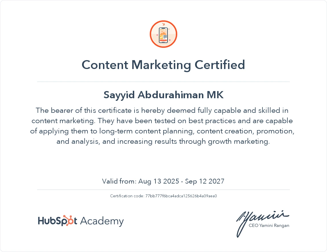 best digital marketing analyst in calicut HubSpot Certificat